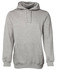A grey hoodie with a front pocket and a drawstring hood, featuring a logo.