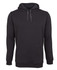 A black hoodie with a front pocket and a drawstring hood. It features a logo on the front.