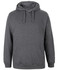 A grey hoodie featuring a front pocket and a drawstring hood, with a small branding label.