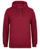 A maroon hoodie with a front pocket and drawstring hood. It features a logo on the chest area.