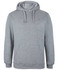 A grey hoodie with a front pocket and adjustable drawstrings on the hood. It features a logo on the front.