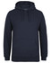 A dark navy hoodie with a kangaroo pocket and a drawstring hood, featuring a logo on the front.