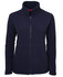 A navy polar fleece jacket with a full zip and stand-up collar, featuring two front pockets and a logo.
