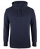 A navy blue hoodie featuring a drawstring hood and long sleeves, with a logo displayed on the garment.