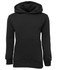 A black fleecy hoodie featuring a front pocket and a hood, ideal for kids. It has a branded logo.