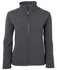 A softshell jacket in dark grey with a high collar and zip front, featuring a logo on the chest.