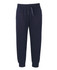 Navy track pants with an elastic waistband and cuffs, featuring a branding logo.