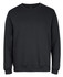 A black jumper sweater featuring a round neckline and long sleeves, with a logo near the neckline.