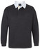 A dark grey polo shirt with a white collar and a logo on the chest. Long sleeves and a classic design.