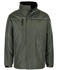 A green rain jacket with a zippered chest pocket and reflective piping, featuring a high collar and brand logo.