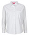 A white long-sleeve button-up shirt with a pocket and a logo.