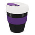 A reusable coffee cup in black and white with a purple silicone band and lid. Features a logo.