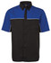 A black and blue button-up shirt with a pocket and contrasting white trim, featuring a logo.
