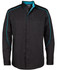 A black button-up shirt featuring contrasting turquoise detailing and two chest pockets. It has a logo on the label.