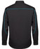 A black long-sleeve button-up shirt with blue piping and a logo on the back.