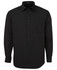 A black button-up shirt with a pocket and a collar. It features a full button placket and long sleeves.