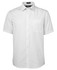 A white short-sleeve button-up shirt featuring a single chest pocket and a logo.