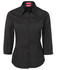 A black 3/4 sleeve ladies poplin shirt with a button-up front and a collar, featuring a brand logo.