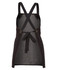 A black denim bib apron with a cross-back design and a tied waist. Features logo branding.