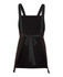 A black bib canvas apron with a cross back design and a tied waist, featuring a logo.