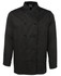 A black long-sleeve chef's jacket with a double-breasted design and a pocket on the sleeve.