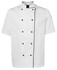 A white chef's jacket featuring short sleeves and black piping along the edges. It has a logo on one sleeve.