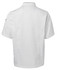 A white short-sleeve chef's jacket featuring a simple, sleek design and a logo on the sleeve.