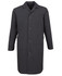 A dark grey lab coat featuring long sleeves, a front button closure, and pockets. It has a branding label.
