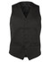 A black sleeveless vest with a v-neck, featuring buttons and front pockets, and a logo on the interior.