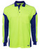A long-sleeve polo shirt in bright yellow and navy blue, featuring a chest pocket and contrasting sleeve panels.