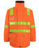 An orange work jacket featuring reflective green strips and a pocket, designed for visibility and safety.