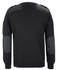 A knitted black jumper featuring shoulder and elbow patches, with a plain back design and a logo.