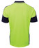 A bright lime green and navy polo shirt featuring contrast piping and a logo. Back view showcasing the design.