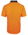 An orange polo shirt with a black collar, featuring short sleeves and a logo on the back.