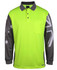 A long-sleeved polo shirt in bright yellow with grey sleeves featuring a design and a pocket. It has a logo.