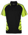 A black and bright green polo shirt featuring a pocket and stylised side designs, complete with a logo.