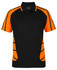 A black polo shirt with orange accents and a chest pocket, featuring a logo on the collar.