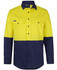 A long-sleeved work shirt in high visibility yellow and navy blue, featuring two chest pockets and a logo.