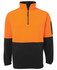 An orange and black polar fleece with a half-zip collar, featuring a side pocket and a logo.