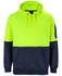 A high-visibility hoodie in bright yellow and navy, featuring a front pocket and a logo on the sleeve.