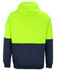 A bright yellow and navy hoodie with a hood and long sleeves, featuring a branding logo.
