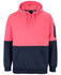 A pink and navy hoodie with a front pocket and a logo on the sleeve. Ideal for workwear or casual wear.