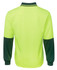 A long-sleeved polo shirt in fluorescent yellow and dark green, featuring a logo on the back.