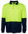 A high-visibility long sleeve polo shirt in bright yellow and navy blue, featuring a chest pocket and logo.
