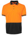 An orange and black polo shirt with a pocket and striped collar, featuring a logo on the chest.