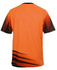 An orange short-sleeved work t-shirt featuring black design elements and a logo.