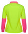 A lime green and pink long-sleeved polo shirt with a collar and contrasting sleeves, featuring a logo.