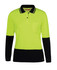 A long-sleeve polo shirt in lime with navy accents, featuring a pocket and a logo.