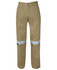 Khaki work trousers featuring reflective tape accents, designed for safety and visibility, with a branded logo.