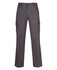 Grey cargo pants with multiple side pockets and a button closure. Includes a logo on the waistband.